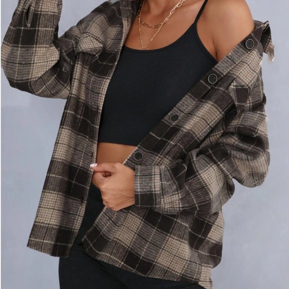 SHEIN Tops - Plaid Print Flap Detail Drop Shoulder Coat